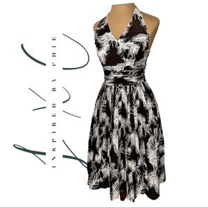 ANTONIO MELANI Dark Brown White Fern Halter Fit & Flare Dress